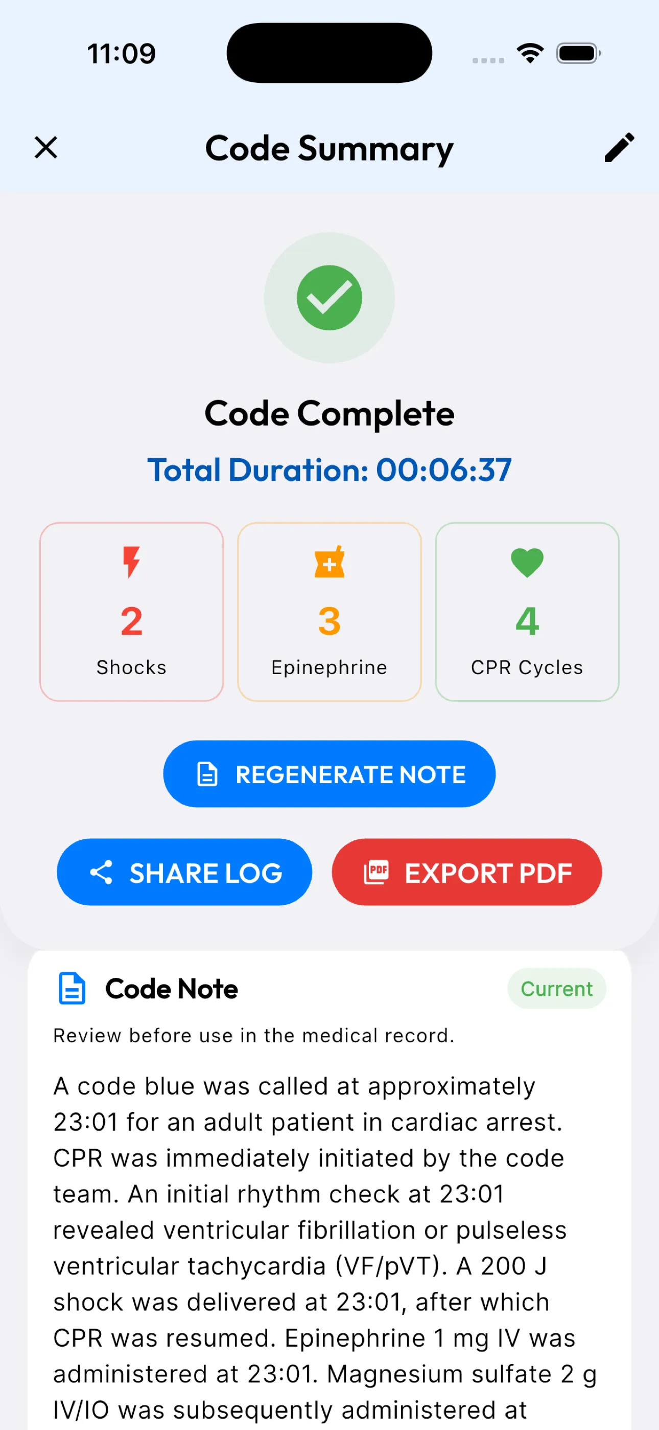 Code summary screen showing shocks, epinephrine and CPR cycle counts, and an AI-drafted code note ready for review